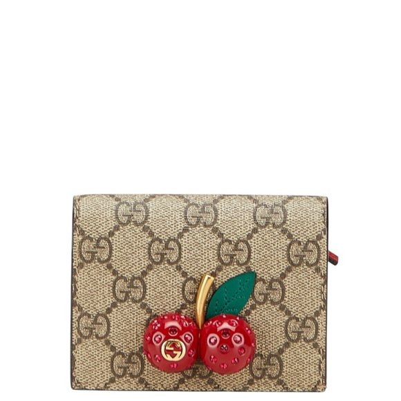 Gucci GG Supreme Cherry Bifold Compact Wallet 476050 Beige Red Leather Women'... - Picture 1 of 11